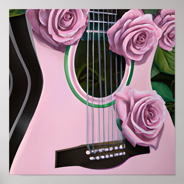 PÓSTER GUITARRA CUTÁNEA CON ROSAS ROSAS DE ROSA ROSA POST (Frente)