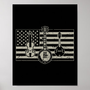 Póster Guitarra de bandera de EE. UU. Bluegr Banjo Mandol