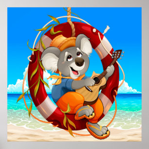 Póster Guitarra De Playa Tropical Jugando Koala