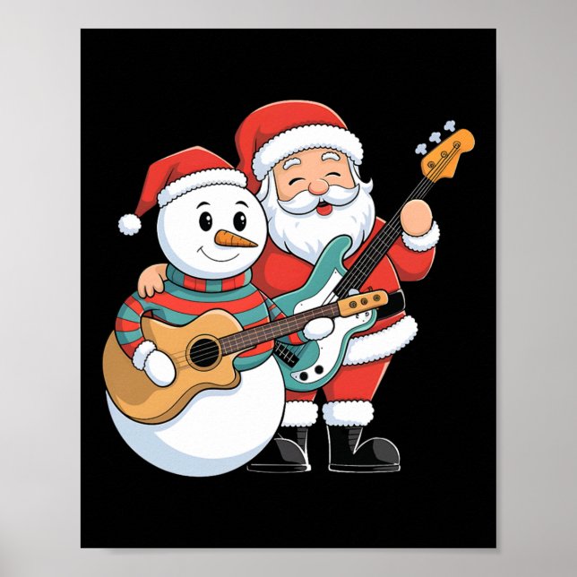 Póster Guitarra De Rock Snowman Y Santa Claus Tocan Guita (Frente)
