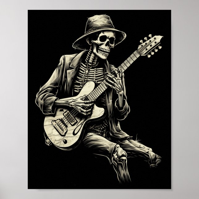 Póster Guitarra del Skeleton feliz Halloween Rock Ba (Frente)