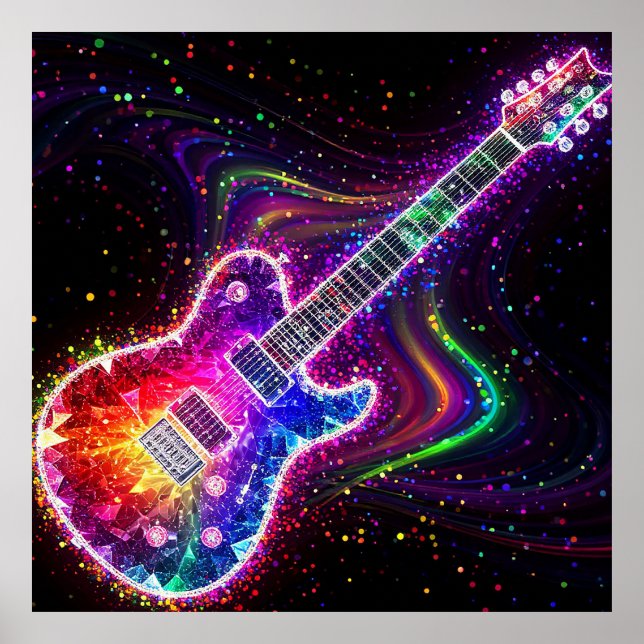 Póster Guitarra Eléctrica Arcoíris Vibrante Con Abstracto (Frente)