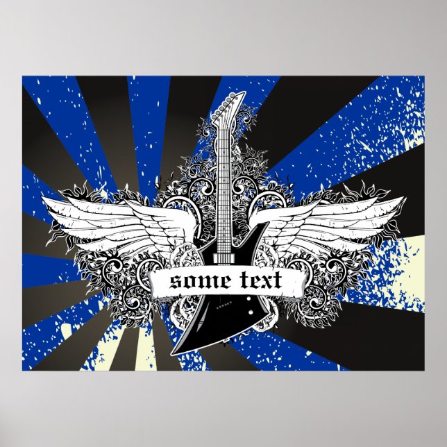 Póster Guitarra eléctrica y alas poster azul blanco negro (Frente)