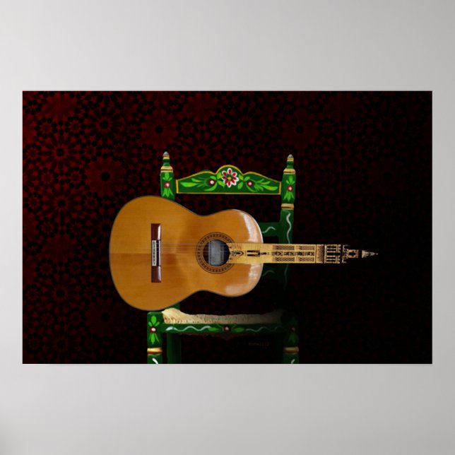 Póster Guitarra española con Giralda de Sevilla y silla. (Frente)