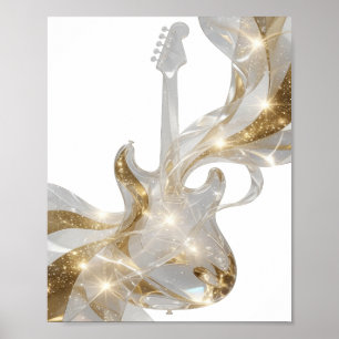 Póster GUITARRA PLATEADA CATCHY CON ESTRELLAS DORADAS Dis