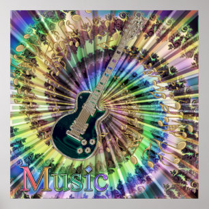 Póster Guitarra psicodélica Swirling Notes Rainbow Music