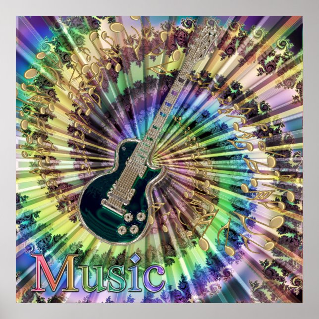 Póster Guitarra psicodélica Swirling Notes Rainbow Music (Frente)