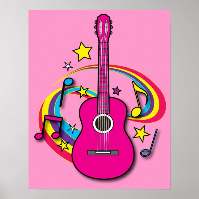 Póster Guitarra rosa con música y arcoiris (Frente)