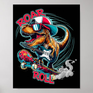 Póster Guitarra Skater Rugido T-rex Dinosaurio Para Niños