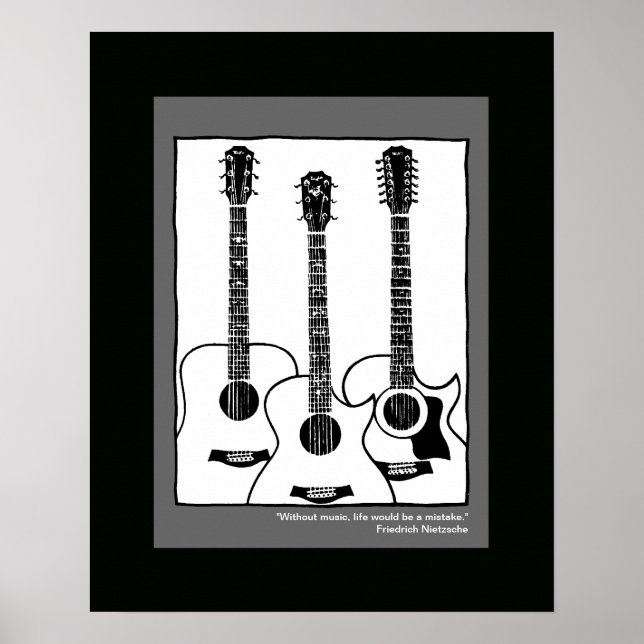 Póster guitarras acústicas gráficas en blanco negro (Frente)