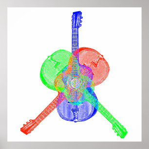 Póster Guitarras verdes y azules rojas