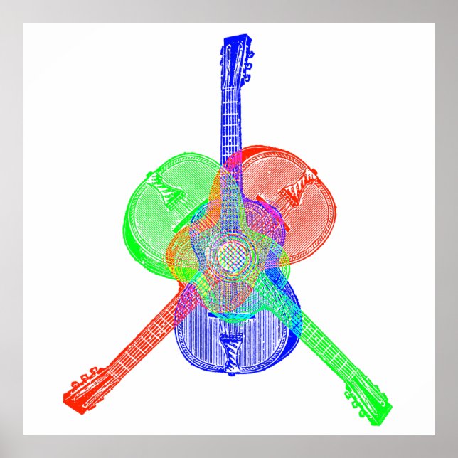 Póster Guitarras verdes y azules rojas (Frente)