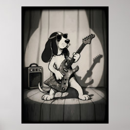 Póster Guitarrista Basset Hound Estrella de Rock Retro Mo