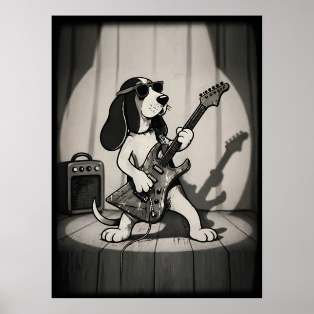 Póster Guitarrista Basset Hound Estrella de Rock Retro Mo (Frente)