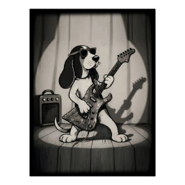 Póster Guitarrista Basset Hound Estrella de Rock Retro Mo