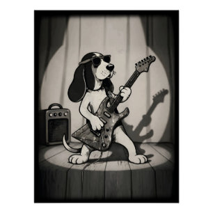 Póster Guitarrista Basset Hound Estrella de Rock Retro Mo