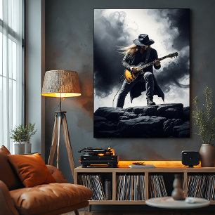Póster Guitarrista épico de rock efecto de humo