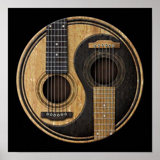 Póster Guitars acústicos viejos y gastados Yin Yang (Frente)