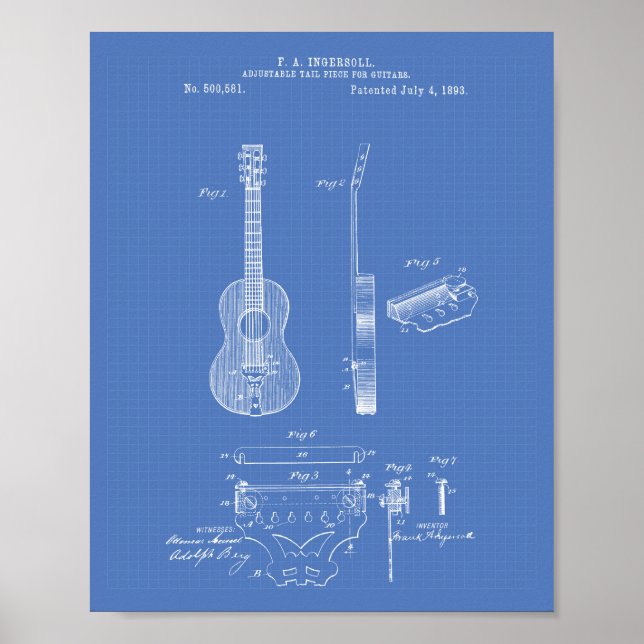Póster Guitars ajustables 1893 Patent Art Blueprint (Frente)