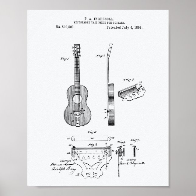 Póster Guitars ajustables 1893 Patent Art White Paper (Frente)