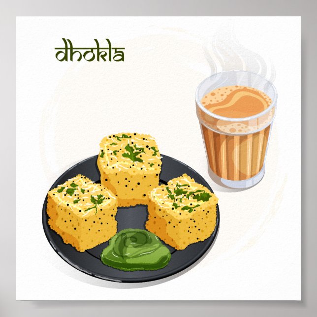 Póster Gujarati Dhokla & Hot Masala Chai Indian Food Art (Frente)