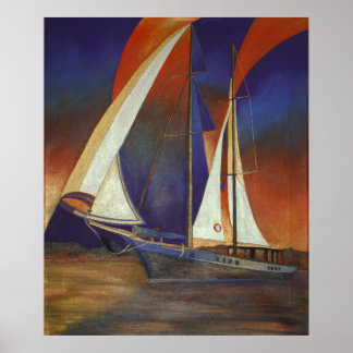 Póster Gulet artístico bajo vela en Naranja y morado