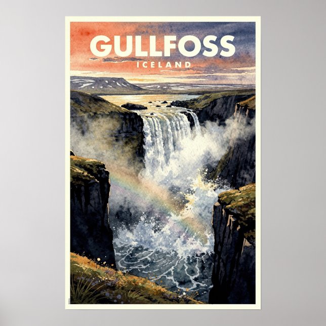 Póster Gullfoss Islandia Viajes Vintage (Frente)