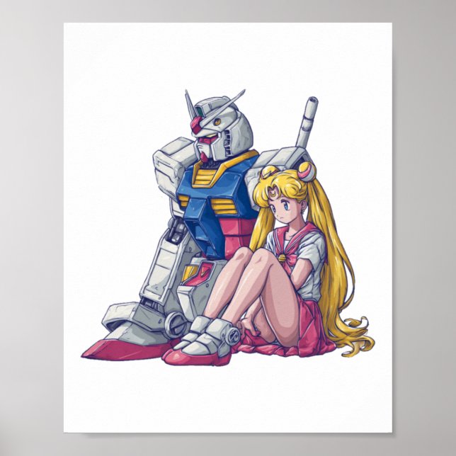 Póster Gundam y Luna: un cruce mágico de mecha (Frente)
