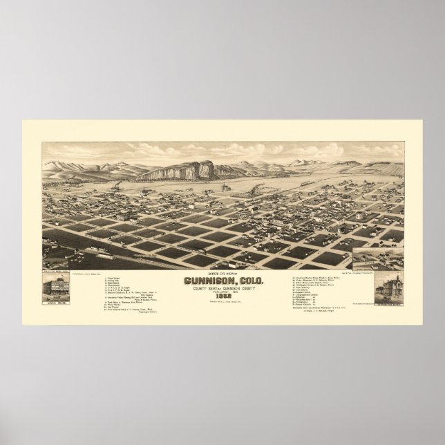 Póster Gunnison, Mapa Panorámico CO - 1882 (Frente)