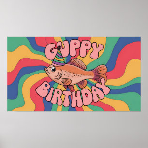 Póster Guppy usando colores psicodélicos gorras de cumple