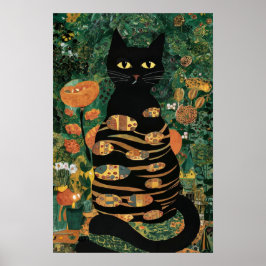 Póster Gustav Klimt Gato Negro en un jardín de flores