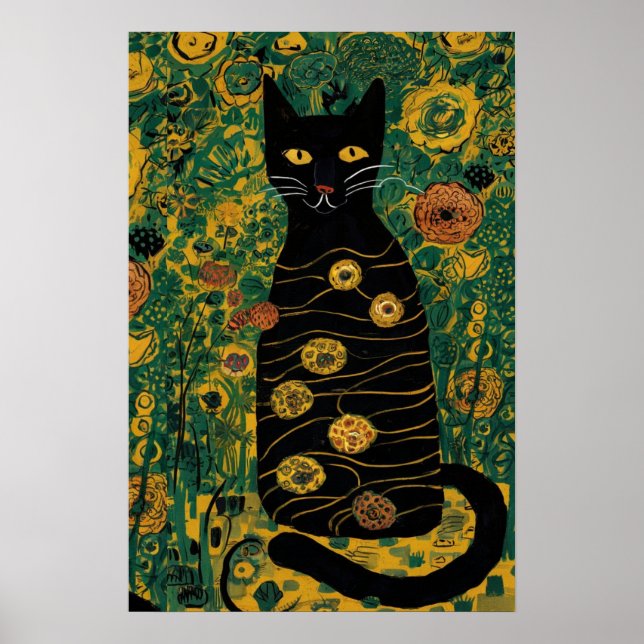Póster Gustav Klimt Gato Negro en un jardín de flores (Frente)