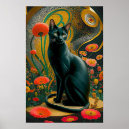 Póster Gustav Klimt Gato negro en un jardín de flores, ar