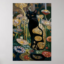 Póster Gustav Klimt Gato negro en un jardín de flores, ar