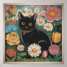 Póster Gustav Klimt Gato negro en un jardín de flores, ar