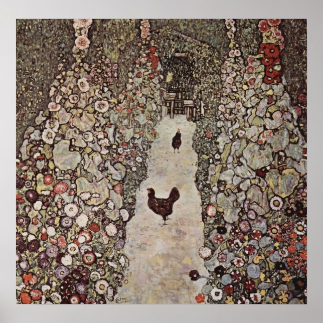 Póster Gustav Klimt - Jardín con gallos (Frente)
