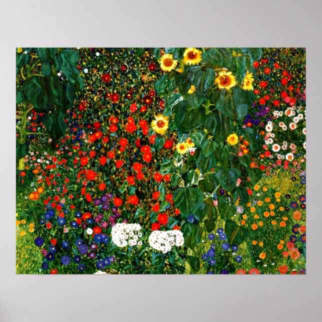 Póster Gustav Klimt - Jardín de granja con girasoles (Frente)