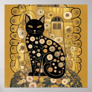 Póster Gustav Klimt Style Black Cat Art