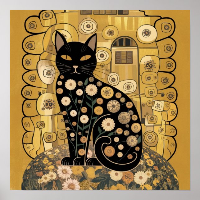 Póster Gustav Klimt Style Black Cat Art (Frente)
