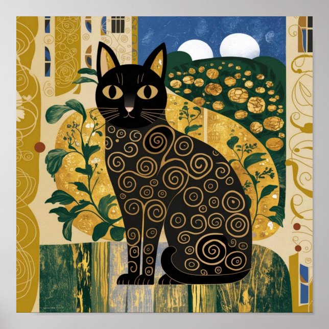 Póster Gustav Klimt Style Black Cat Art (Frente)