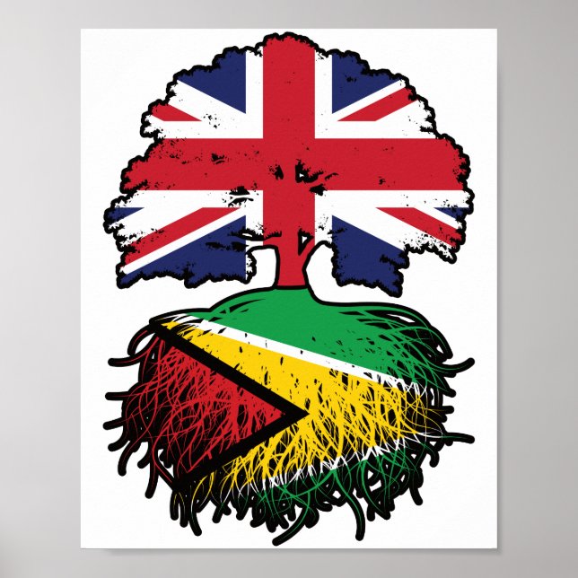 Póster Guyana Guyanés Reino Unido Árbol con bandera (Frente)