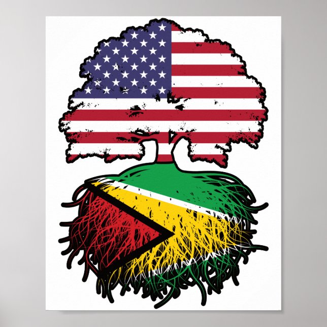 Póster Guyana Guyanesa estadounidense bandera de un árbol (Frente)