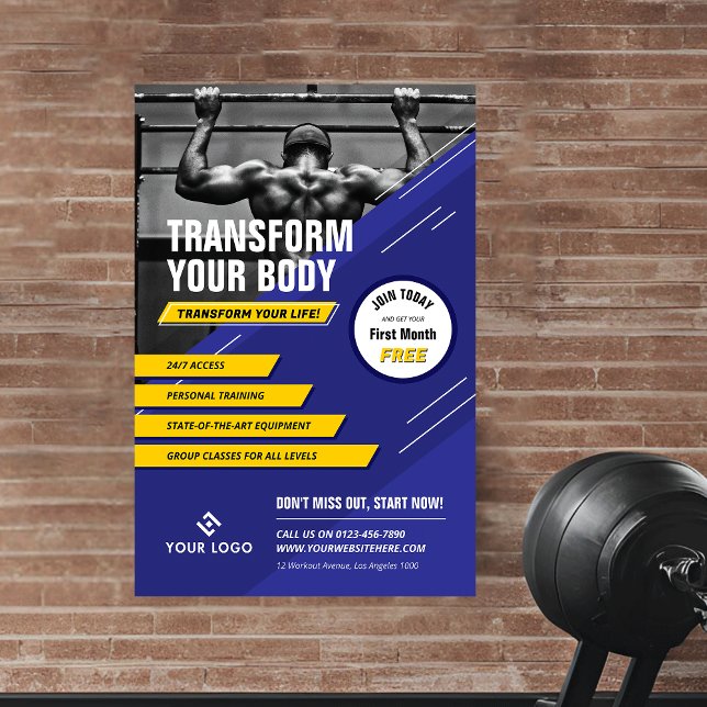Póster Gym Photo Blue & Yellow Logo Fitness Promotion (Subido por el creador)