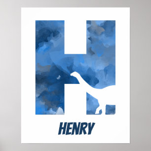 Póster "H" Dinosaur Watercolor Blue Child's Name Poster