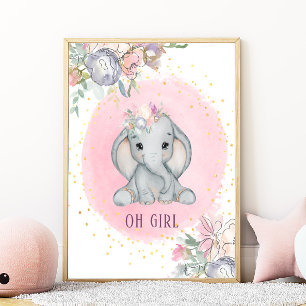 Póster Habitación de niña con elefante acuarela floral ro