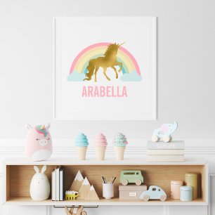Póster Habitación de niña unicornio dorado lindo