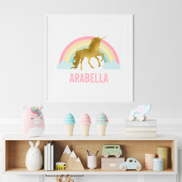 Póster Habitación de niña unicornio dorado lindo