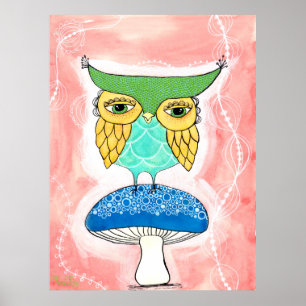 Póster Habitación de niños búho artista pintura acuarela