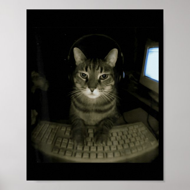 Póster Hacker Cat Meme Funny Computer Cat Kitten Gamer Ca (Frente)