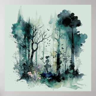 Póster Hada acuarela en bosque